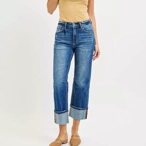 RISEN High Rise Straight Jeans with Distressed Hem